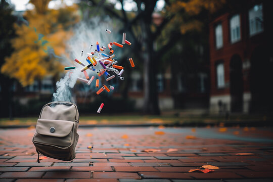 Colorful vapes flying out of high school backpack bag smoke e-cigarette vape floating in air Collage background nicotine quit education ad health epidemic vaping addiction awareness in teen youth