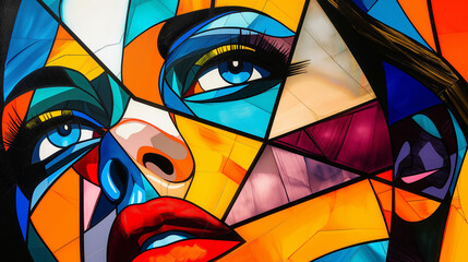 A Vivid and Modern Pop Art Interpretation of Classic Stained Glass Featuring the Fragmented Face of a Woman, Where Each Pane Captures a Rich Spectrum of Emotions Through Bold and Dynamic Colors, Refle