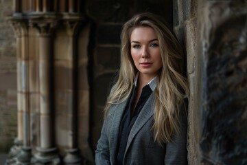 Fototapeta premium Confident woman in gray coat standing in front of stone building