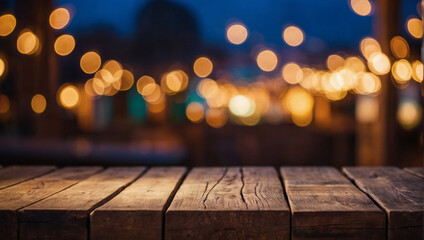 Enchanting Setting, Wooden Table Positioned Against Blurred Background with Bokeh Lights