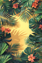 Tropical pattern with palm leaves and flowers on a yellow background