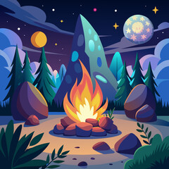 Bonfire surrounded by stones colored realistic vector 