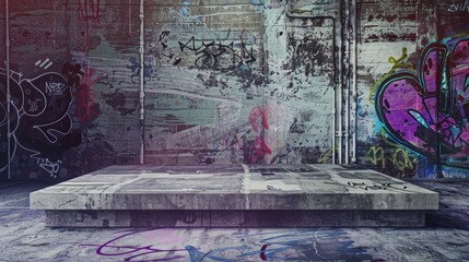A concrete platform stands before walls adorned with colorful graffiti artwork