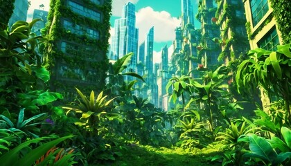 Abstract urban jungle background with skyscrapers and lush vegetation.



