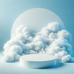 Dreamy Podium with Fluffy Clouds in Serene Sky Blue Background
