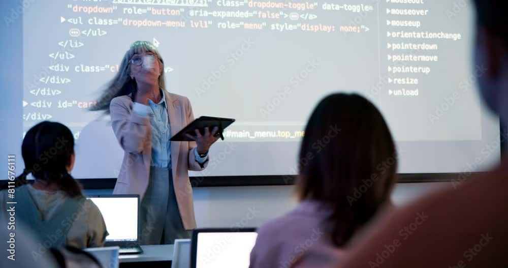 Leinwandbilder University, female lecturer and coding on projector screen for data structure, web development or html in class. Back, syntax and mature woman with students for education, programming or algorithm