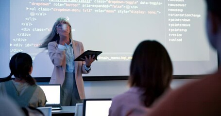 University, female lecturer and coding on projector screen for data structure, web development or html in class. Back, syntax and mature woman with students for education, programming or algorithm - Powered by Adobe