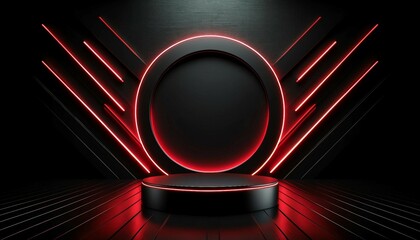 Futuristic Neon Red Podium with Dynamic Geometric Shapes for Gaming Product Display
