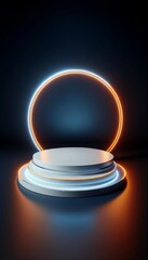 Futuristic Podium with Glowing Neon Rings on Dark Background
