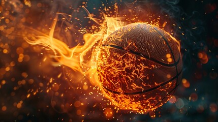 A closeup shot of a basketball on fire, with sparks dancing around it against a dark background, creating a dynamic and energetic atmosphere 8K , high-resolution, ultra HD,up32K HD