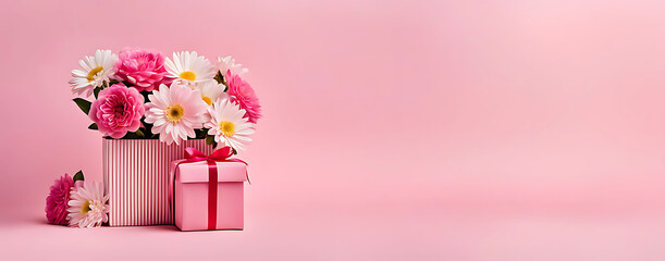 3D render happy Mother's Day banner with copy space. Celebrating Mother's Day with, heart and flowers DESIGN. 