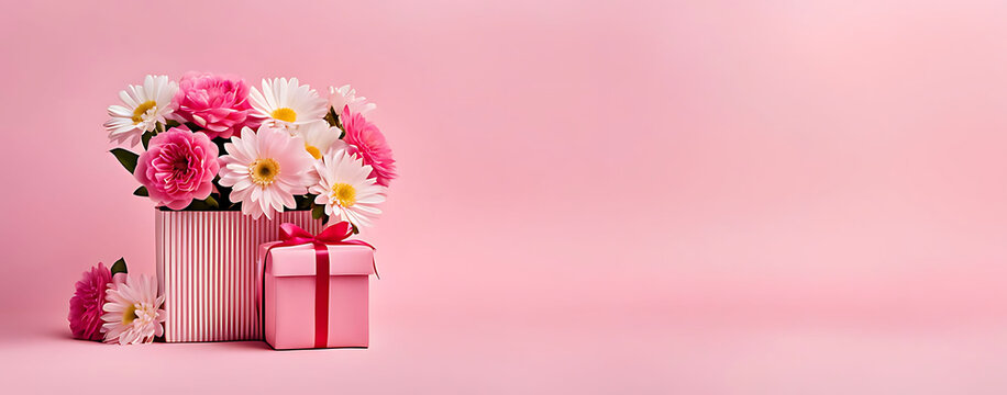 3D render happy Mother's Day banner with copy space. Celebrating Mother's Day with, heart and flowers DESIGN.	