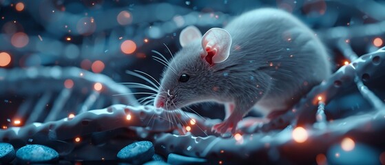 A detailed image of a laboratory white mouse on a structure that mimics neural pathways, highlighting the role of DNA sequencing and genetic research in neuroscience 8K , high-resolution, ultra HD,up3