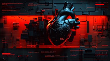 A futuristic medical research infographic showcasing advancements in heart cardiology healthcare, featuring diagnosis vitals and biometric data for clinical analysis