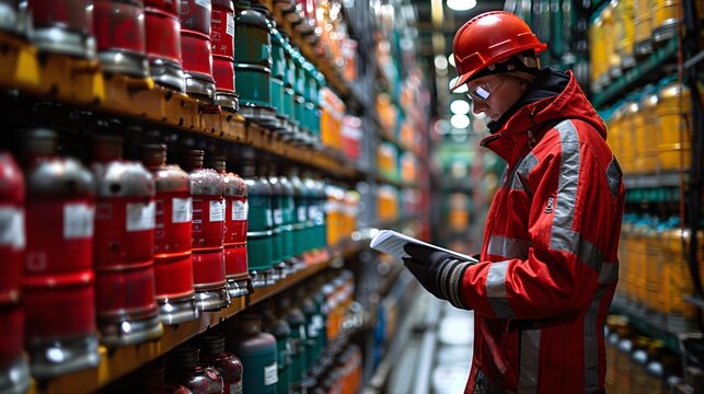 A laborer is inspecting the hazardous substance data sheet in the chemical storage section of a manufacturing facility. Occupational safety measures are being taken.