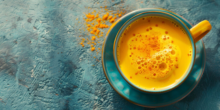 Ayurvedic golden turmeric latte milk made with turmeric and other blue, Traditional drink turmeric golden milk. 