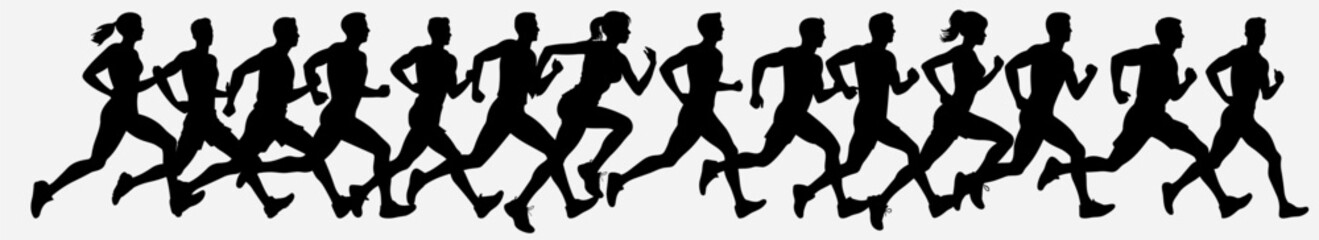 set of men and women runner. Group of people running. side view. 
