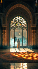 A man is standing in the middle of an ornate room.