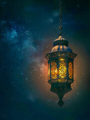 A lantern hanging in the night sky.