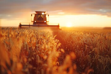 Fototapeta premium Harvesting machine discharging gathered soybeans in field during dusk.