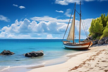 Sailing boat on the sandy beach of tropical island. 3d rendering