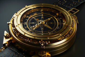 A gold watch with a compass on it. - Powered by Adobe