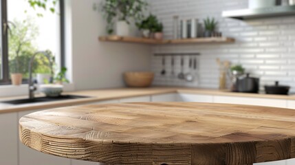 A pristine circular wooden counter in a well-lit kitchen, ideal for showcasing products.