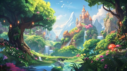 Fototapeta premium Enchanted Fantasy Landscape with Magical Creatures and Castles in Dreamlike Scenery