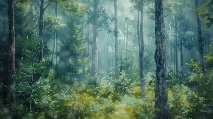 Obraz premium The green misty forest with a lot of trees, grass and sunlight