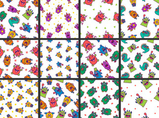 Kawaii cute party monsters. Seamless pattern. Happy birthday gifts, funny alien, greeting cake. Hand drawn style. Vector drawing. Collection of design ornaments.