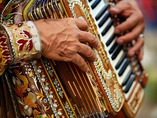 A man playing an accordion with his hands.