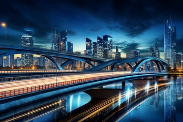 Fototapeta premium Night view of the bridge and modern cityscape