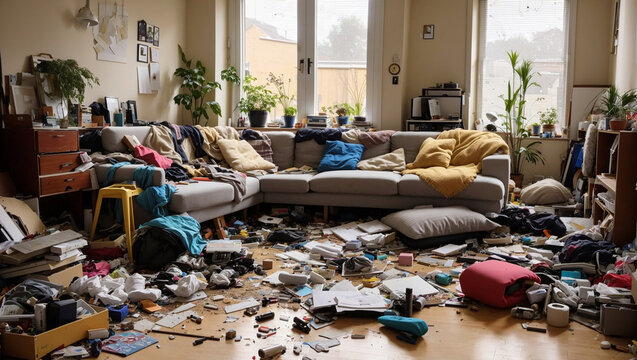 The image shows a very messy living room. There is a lot of clutter on the floor, including clothes, papers, and toys. The furniture is also covered in clutter.

