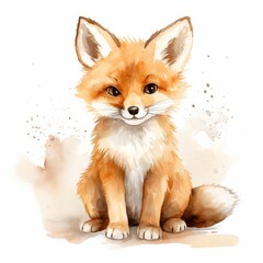 Obraz premium Cute watercolor illustration of a baby fox sitting down with a friendly expression on its face.