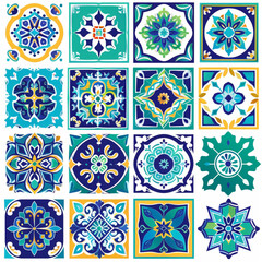 
set of colorful Moroccan tiles with different patterns on a white background. The vector illustration is in a flat design style with a blue and green color palette.