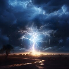 Thunderstorm with lightning striking the ground. Generative AI.