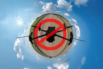 No drone zone sign concept for banning the use of drones in airspace. drone silhouette in red...