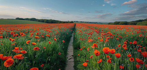 Crisscrossing paths through a poppy field invite Memorial Day reflection.