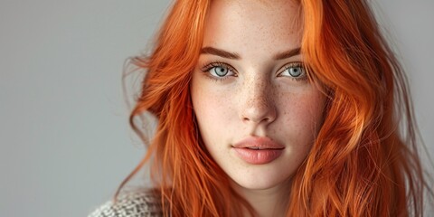 Obraz premium A stunning young woman with auburn hair in casual attire, against a neutral studio backdrop, showcasing her vibrant and lustrous locks.