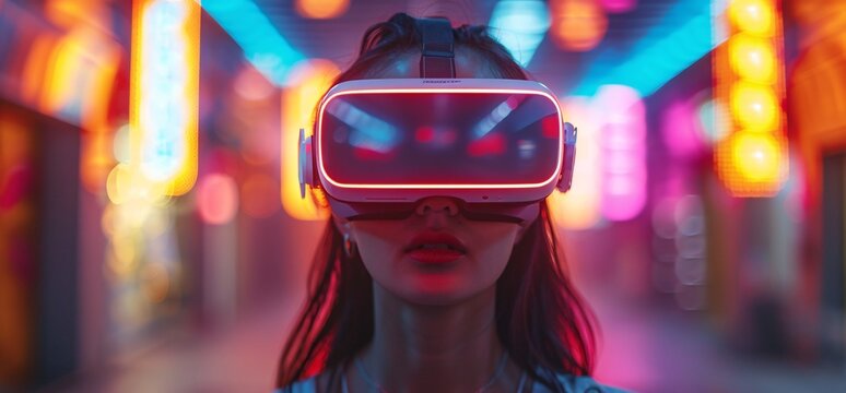 Intelligent woman immersed in virtual reality using advanced technology to interact with virtual objects in a futuristic cyber community. Illusion.