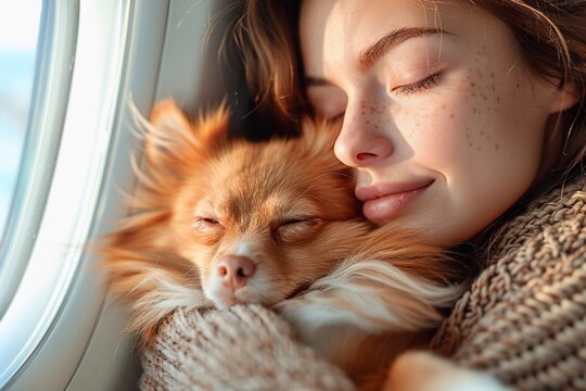 Girl Sleeping with Dog on Airplane by Window, Cozy Travel Concept
