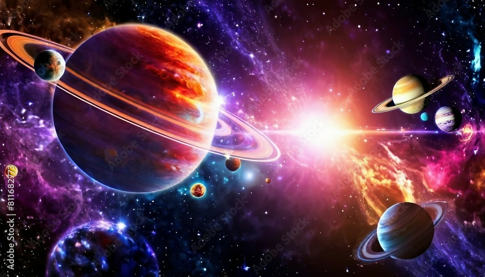 Wall mural abstract celestial alignment background with planets and celestial bodies in motion.