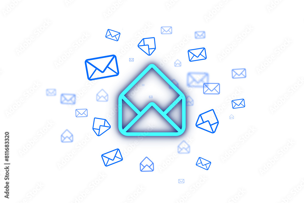 Poster multiple blue email envelope icons floating on a white background, representing the concept of digit