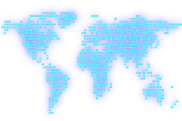 Stylized pixelated world map in shades of cyan and blue on a white background, portraying a digital concept