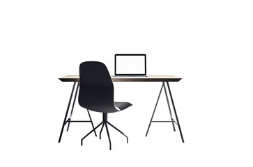 A modern workspace setup with a laptop on a wooden desk and a black chair, on a white background