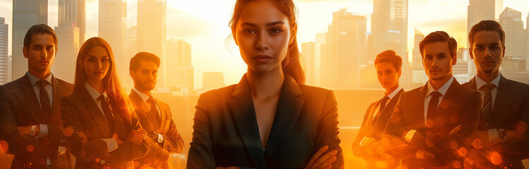 A group of business people, a team of colleagues, diversity, silhouette, double exposure, human ressource and business background