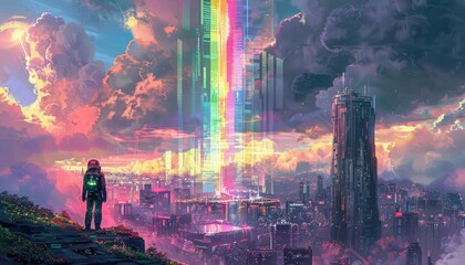 Capture the essence of a chromatic utopia where pixelated rainbow ingredients cascade from the sky onto a cybernetic culinary academy, blending taste and technology harmoniously