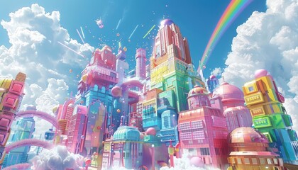 Capture the essence of a chromatic utopia where pixelated rainbow ingredients cascade from the sky onto a cybernetic culinary academy, blending taste and technology harmoniously