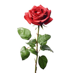 Fototapeta premium Red rose with leaves on the stem isolated on transparent background 