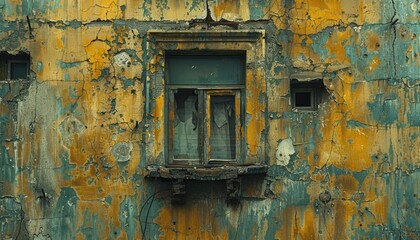 Capture the haunting essence of a dilapidated cityscape through a close-up shot of a crumbling building facade